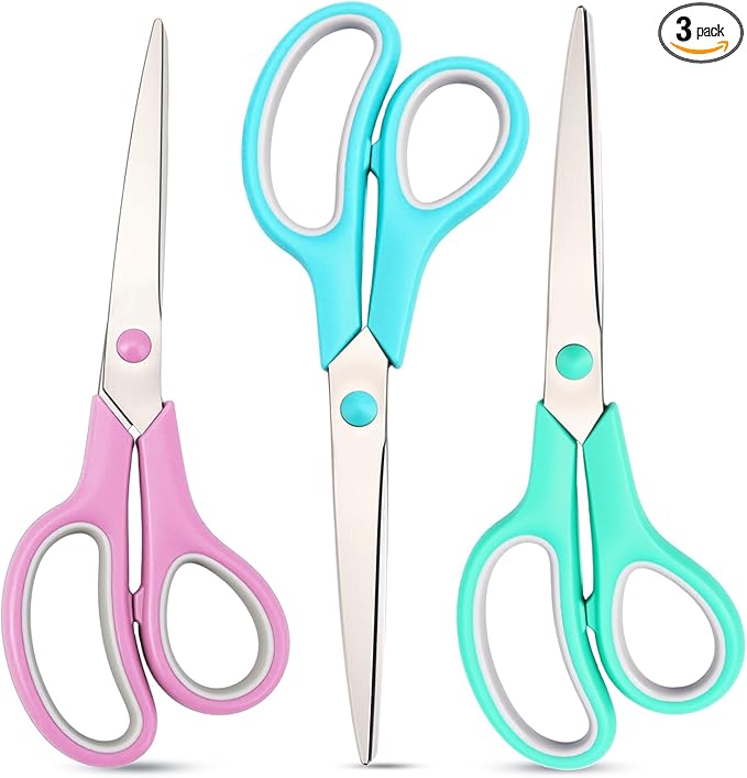 Scissors 8.5 Inch scissors all purpose for Office, Home, Sewing,and Crafts,Soft Comfort-Grip Right/Left Hand 3-Pack, Multicolor