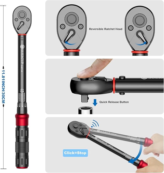 SUERCUP 3/8-Inch Drive Click Torque Wrench - 5-45 Ft-Lb/6.8-61Nm, Dual-Direction Adjustable 72 Tooth Click Torque Wrench for Bike, Motorcycle and Car Repair