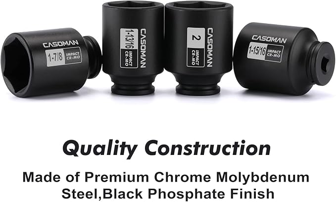 CASOMAN 4 Pieces 1/2" Dr. Deep Impact Socket Set, 1/2-Inch Drive Spindle Axle Nut Impact Socket Set, 1-13/16", 1-7/8", 1-15/16", 2", CR-MO, 6-Point, SAE