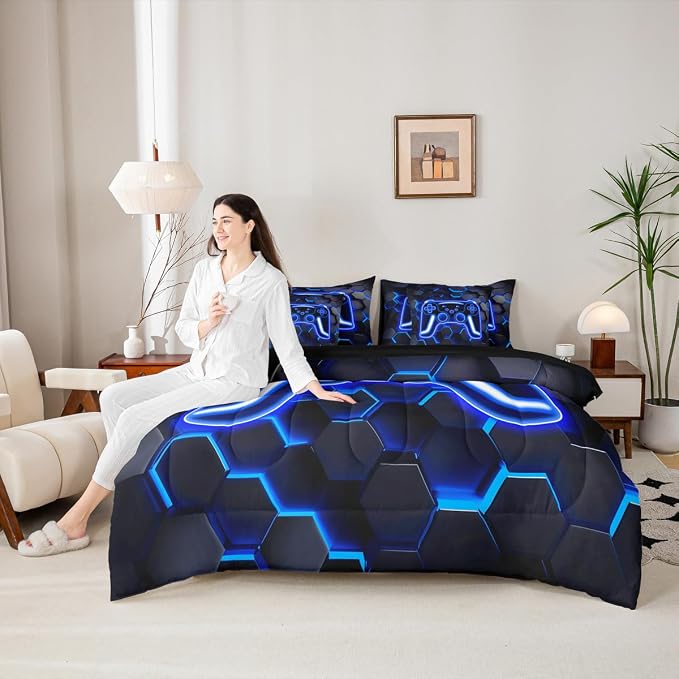 Erosebridal Gaming King Size Comforter Set with Sheets, Neon Honeycomb Gamer 7 Piece Bedding Set Retro Game Console Bed in a Bag, Blue Hexagon Lights Room Decor,Gamer Room Decor for Boys