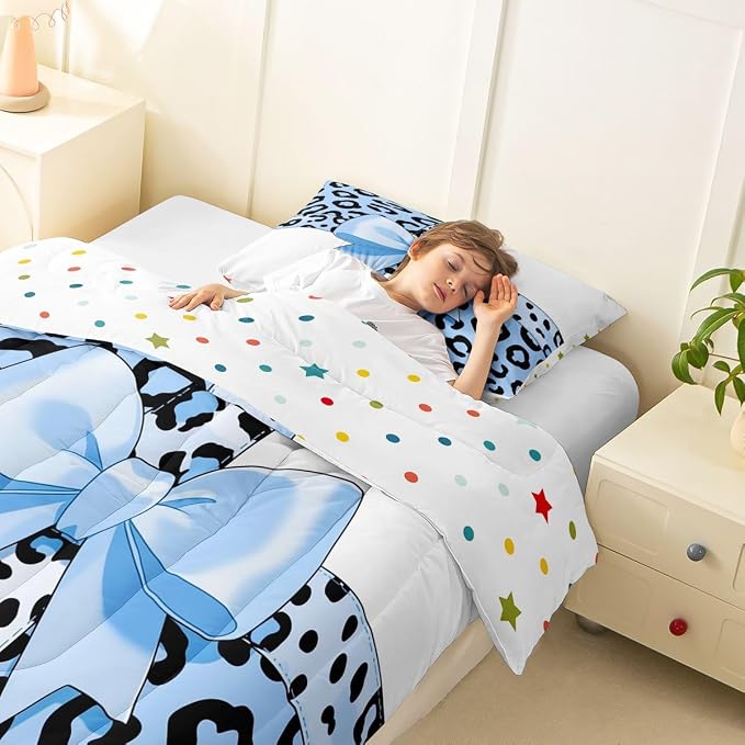 Feelyou Leopard Print Kids Comforter Set Twin Size Blue Leopard Bow Bedding Set Animal Fur Duvet Quilt for Kids Boys Girls Bedroom Decor Microfiber Ultra Soft Breathable