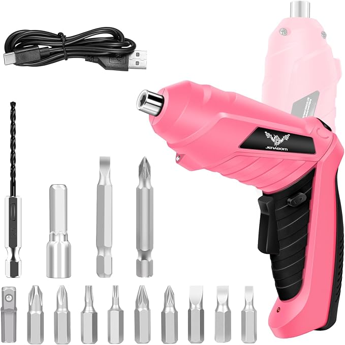 JENABOM 14 in 1 Electric Screwdriver Cordless Rechargeable Small Drill Set 3.6V Li-ion 3Nm Max Torque Electric Rotatable with LED Light Screwdriver, Pink