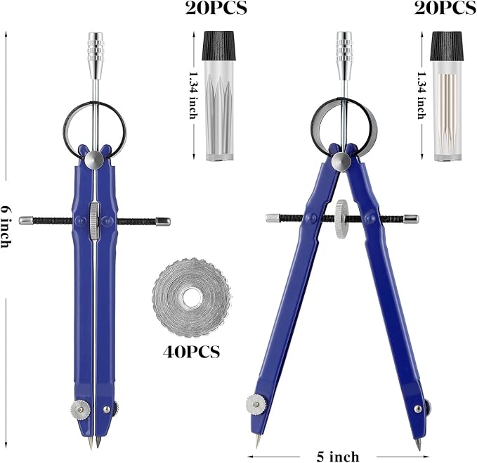 Professional Compass for Geometry, Metal Drawing Compass Drafting Tool with Extra Refills for Office Drafting Drawing Woodworking, Silver, Blue(20 Pieces)