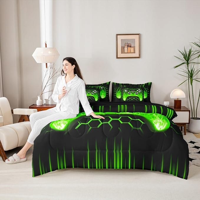 Erosebridal Boys Gaming Bed in a Bag King Size Comforter Set 7 Pieces Ombre Art Honeycomb Bedding Set Green Neon Lights Sheet Set Game Console Bed Set Geometric Hexagon Beehive Gaming Room Decor