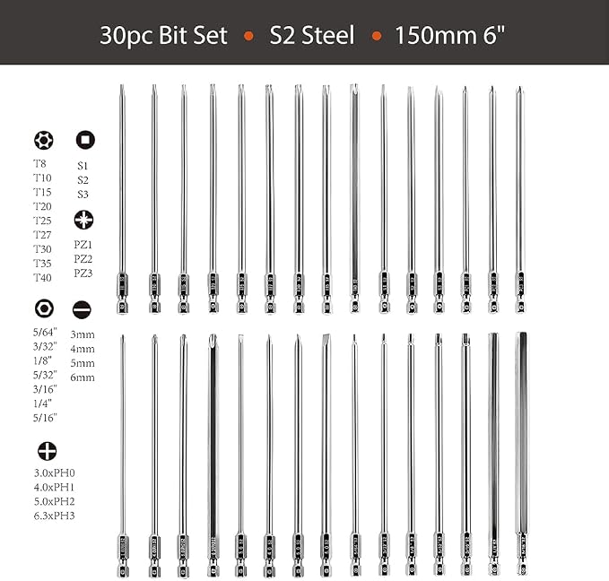 Dandeeler 30 Piece 6 Extra Long Security Bit Set Torx Hex Slotted Phillips Square Pozidriv, with Tool Bag 30pc Extra Long 6inch