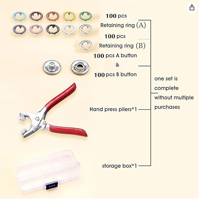 100 Sets Metal Snap Button Kit, Five Claw Buckle Tool Set with Fastener Pliers Press Tool for DIY Crafts, Clothes, Hats, Sewing (10 Colors, 9.5mm) YIGUANXIN