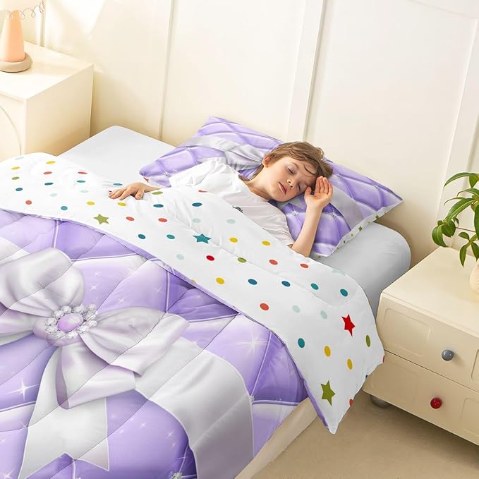 Feelyou Cute Purple Bow Kids Comforter Set Twin Size Glitter Bowknot Bedding Set Princess Duvet Quilt for Kids Boys Girls Bedroom Decor Microfiber Ultra Soft Breathable