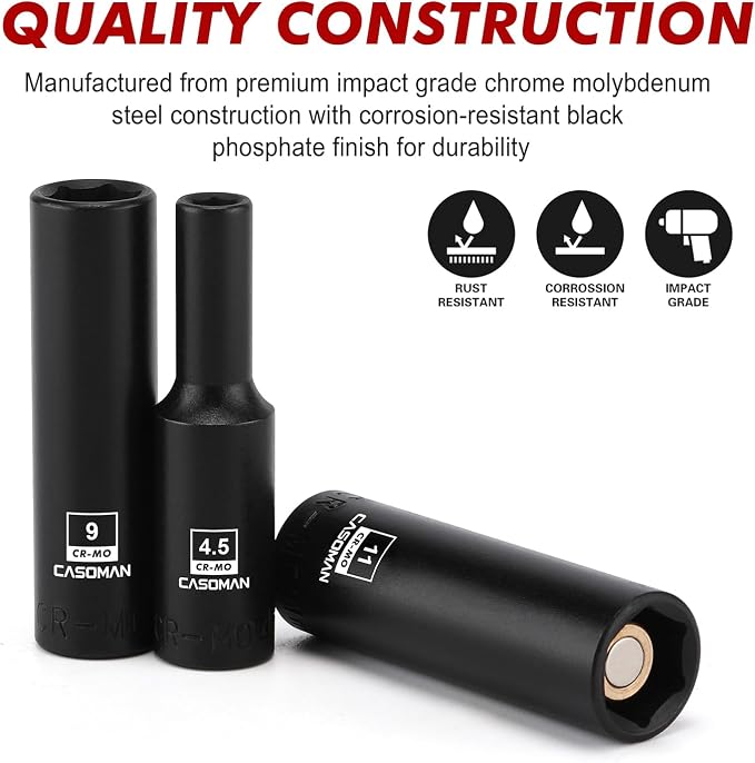 CASOMAN 14PCS 1/4"Drive Magnetic Impact Socket Set, Deep, 6-Point, Metric, 4mm to 15mm, CR-MO