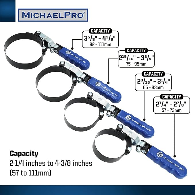 MichaelPro MP001223 4-Pcs Professional Swivel Oil Filter Wrench Set with Stand, 57 to 111mm | 2-1/4 to 4-3/8 Inches
