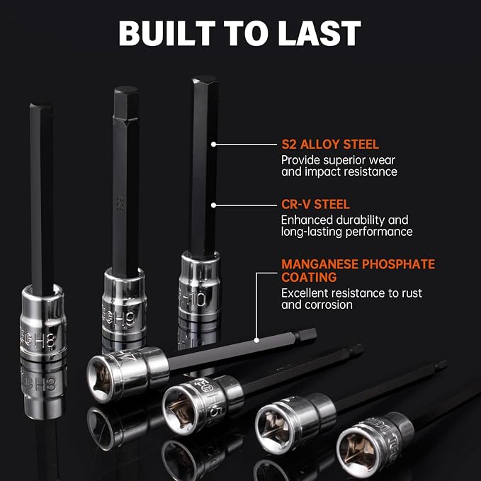 19-Piece 3/8" Drive Impact Hex Bit Socket Set | SAE/Metric, S2+CR-V, phosphate coated, long-reach, laser marked, case