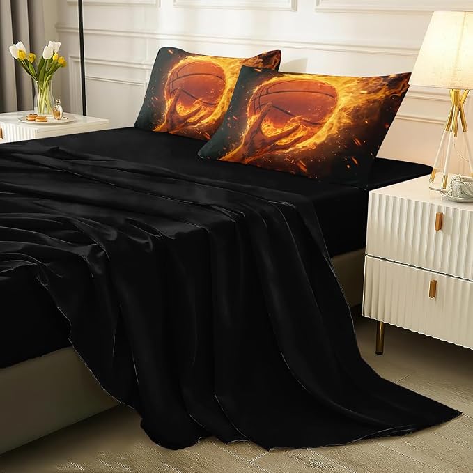 5 Pieces Basketball Comforter Full,Basketball with Fire Theme Sports Comforter Set Twin,Boys Bed Set with Sheets,Basketball Bedding Sets Full