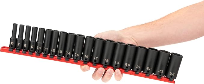 TEKTON 3/8 Inch Drive Impact Socket Set, 19-Piece | SID91107 | (6 - 24 mm), Deep, 6-Point, Socket Rail