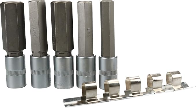 5pc 1/2" Drive 14-24mm Hex Bits Socket Set 100mm Long Deep Reach on Rail CrV