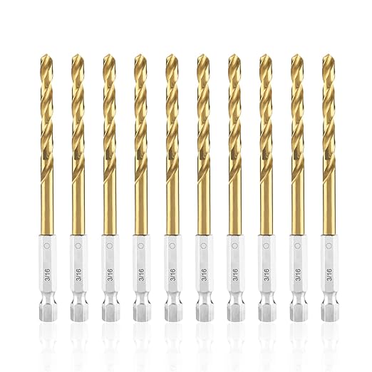 amoolo 3/16 Twist Drill Bit Set, 10Pcs Titanium HSS Hex Shank Impact Drill Bit Set for Metal, Steel, Wood, Plastic, Quick Change Design