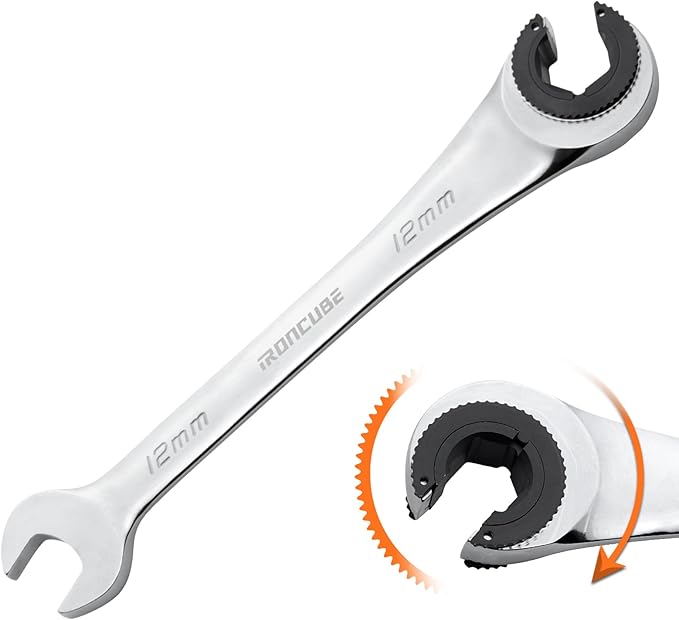 ironcube 12mm Brake Line Wrench Set: Metric Ratcheting Open-end for Nuts on Fuel, Brake or Air Conditioning Lines