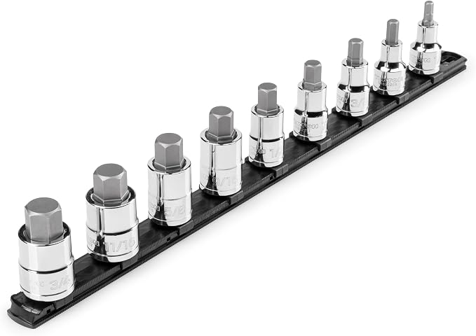 TEKTON Hex Bit Socket Set with Rail, 9-Piece | SHB92109 | 1/2 Inch Drive, (1/4 - 3/4 in.), Socket Rail