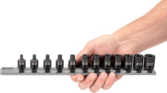 TEKTON 3/8 Inch Drive External Star Impact Socket Set, 12-Piece | SID91116 | (E4 - E20), Shallow, Socket Rail