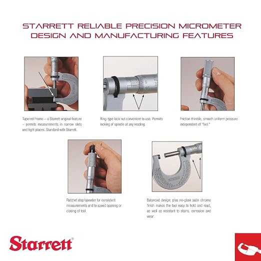 Starrett Outside Micrometer with Insulated Frame, Satin Chrome Finish and Advanced Sleeve Design - Quick and Easy Adjustment, 4-5" Range, .0001" Graduation - T444.1XRL-5