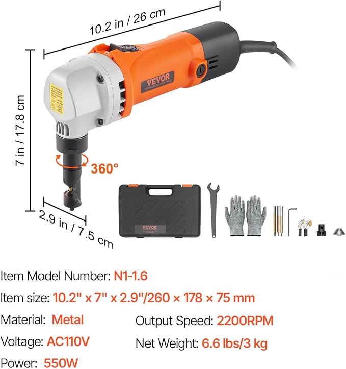 VEVOR Sheet Metal Nibbler, 550W, 2200 RPM Speed, 360 Degree Rotation Electric Nibbler Metal Cutter, Lightweight, Straight Curve and Circle Cutting for Stainless Steel, Aluminum, Plastic, Wood Board