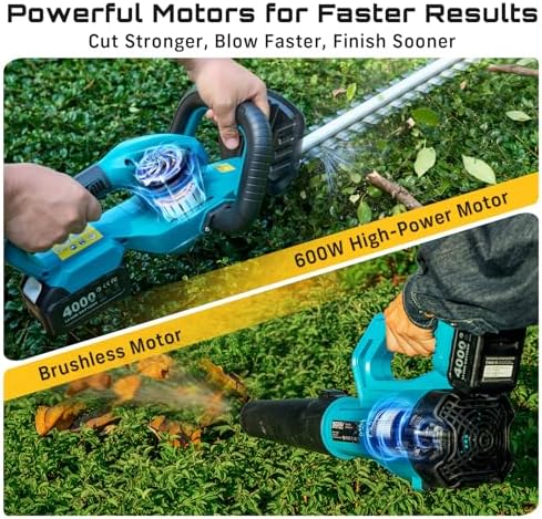 SEESII Cordless Hedge Trimmer and Leaf Blower Combo, 2 Pcs 4.0Ah Batteries, Electric Handheld Bush Trimmer with 20" Dual-Action Blade, Lightweight Brushless Blower with 2 Speed Modes for Yard Garden