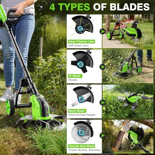 Kihoplly 12" Stringless Weed Wacker Cordless Eater, 21V 6000mAh Battery Powered Trimmer Edger Lawn Tool, 20000 RPM Powerful Electric Wheeled Lawn Edger with Blades, Foldable& Lightweight Brush Cutter