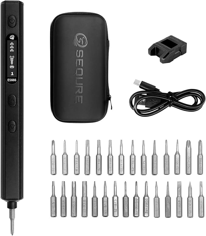 SEQURE ES666 Electric Screwdriver Set Cordless Rechargeable Screwdriver Auto/Sensor/Fixed Mode Precision Power Screwdriver with 30 Magnetic Bits 7 Torque Gears Max 2.2N.m Repair Tool for Electronics