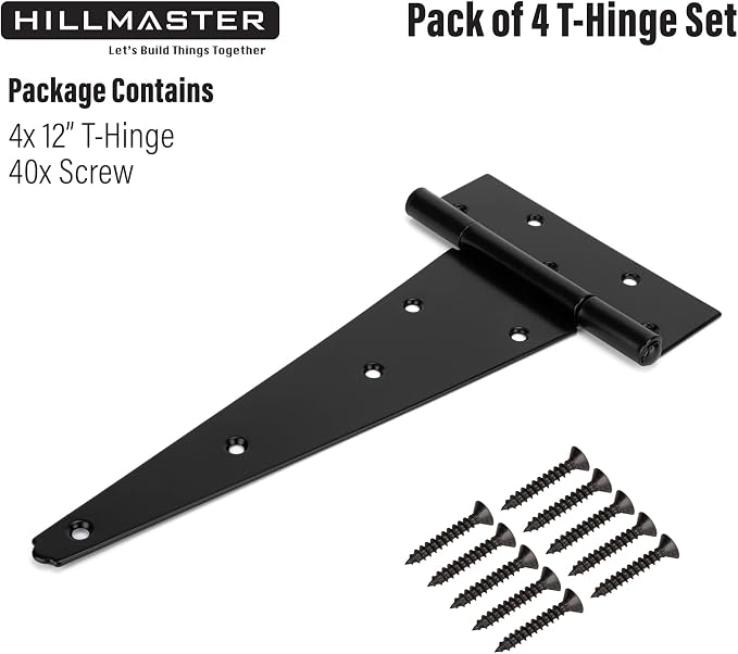 HILLMASTER 12 Inch T-Strap Heavy Duty Shed Door Hinges Gate Strap Hinges Black Tee Hinge Wrought Hardware for Wooden Fences,Yard,Barn Door,Rustproof (4 Pack)