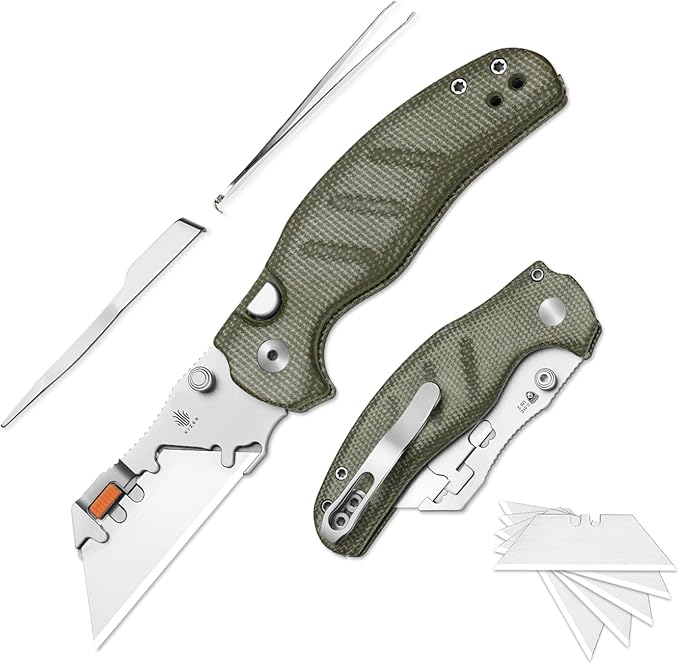 Kizer C01C Uti 2 (Tool-Free Version) Utility Knife, Button Liner Lock Box Cutter Pocket Knife with 5PCS Razor Blades, Thumb Stud Folding Knives with Green Micarta Handle for Men Women V3488.29JNA1