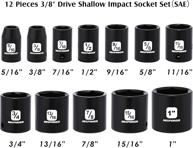 MIXPOWER 12 Pieces 3/8-Inch Drive Shallow Impact Socket Set, 5/16 to 1 inch, CR-V, SAE, 6 Point, Shallow, 12 Pieces 3/8" Dr. Socket