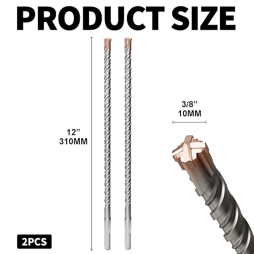 2PCS SDS Plus Rotary Hammer Drill Bits, 3/8"×12" （10mm×310mm） - 4 Carbide Cutting Edges & Coated Head, Ideal for Masonry| Heavy-Duty Masonry |Hammer Drill Bits for Precision Drilling
