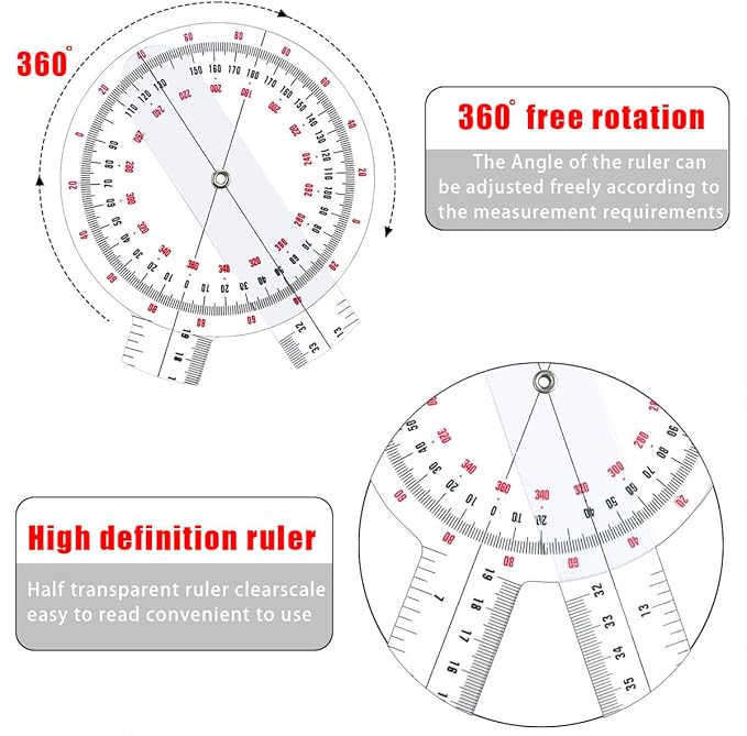 Goniometer Set 3 Pieces of 6/8/12 Inch, Transparent Orthopedic Angle Ruler Plastic Goniometer, 360 Degree Clear Protractor Physical Therapy for Body Measuring Tape Goniometer Protractor Ruler