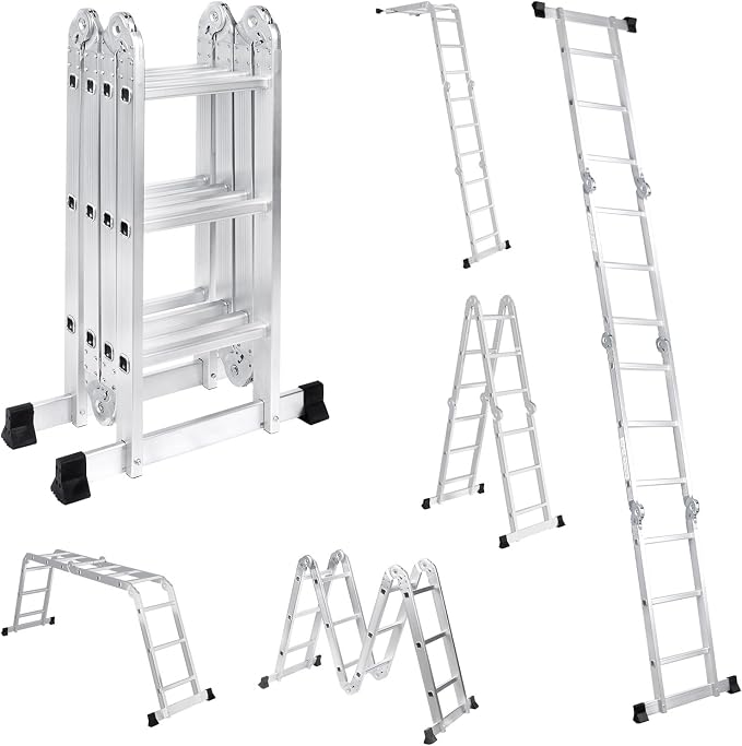 12.5FT Multi-Purpose Folding Ladder, 7 in 1 Aluminium Folding Ladder Collapsible Extension Ladders Adjustable Step Ladders with Large Joints for Home Roof RV Work Painting