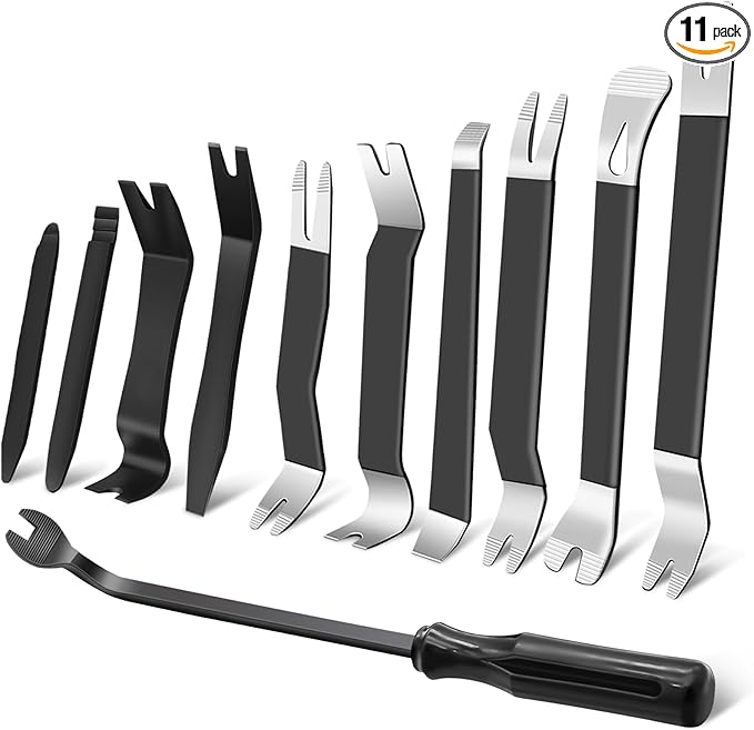 11 PCS AutoTrim Removal Tool Kit, Metal Pry Tool Auto Fastener Remover Pry Bar Set Trim Remover Kits for Vehicle Door Panel, Audio Radio Panel, Dashboard Repair Kit