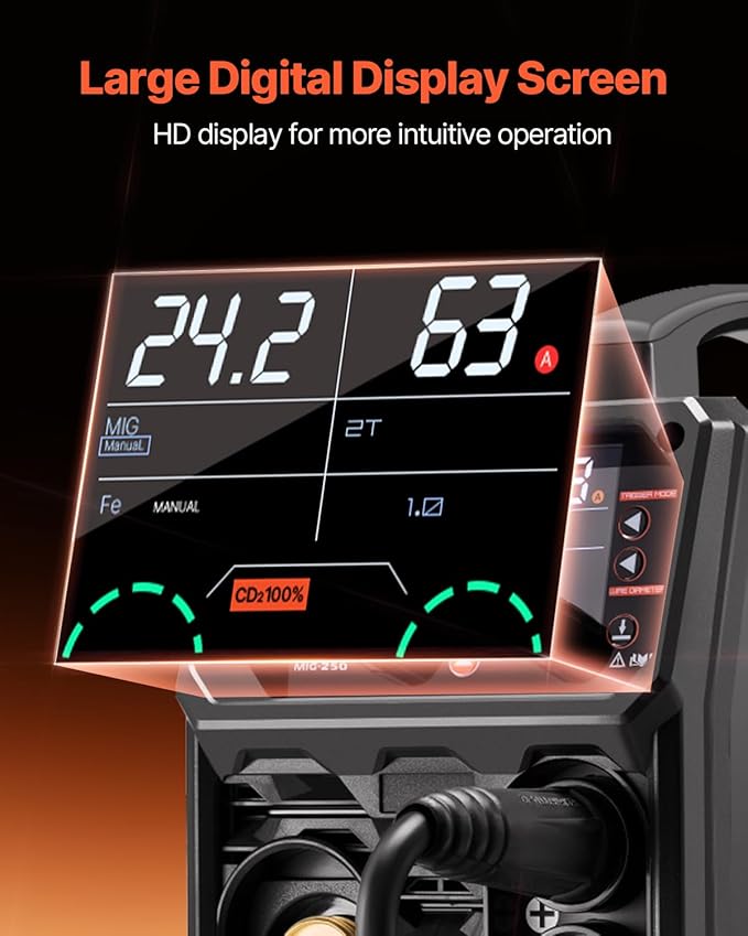 VEVOR Pro MIG Welder, 250A Pluse Mig Welding Machine, 5-in-1 Synergic Welder Machine MIG Pluse/Gas MIG/Flux Core MIG/Stick/Lift TIG, 110V/220V Dual Voltage Aluminum Mig Welder with LCD Screen Display