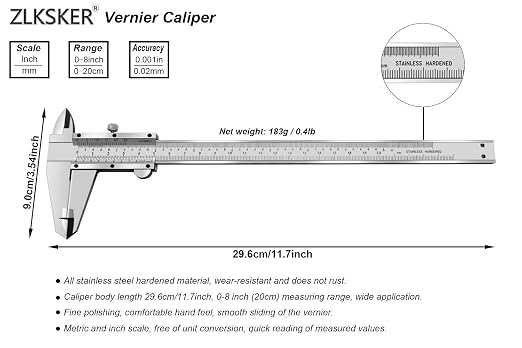 8 Inch / 20 cm Micrometer Vernier Caliper, Stainless Steel Precision Measuring Tool (Inch/Metric), Depth/Inside/Outside/Step Measurement, Accuracy 0.001" / 0.02mm