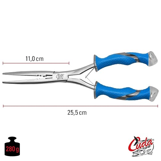 CUDA 10.25" Titanium Bonded Stainless Steel Freshwater Long Needle Nose Pliers #18113 Durable Fishing Hooks Remover, Ring Splitter with Crimper & Mono & Fluorocarbon Cutter