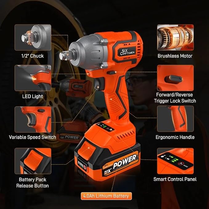 Cordless Impact Wrench, 369ft-lbs(500N.m),1/2” Brushless Impact Gun, Power Impact Driver Kit with 4.0Ah Battery & Fast Charger, Electric Impact Driver Set for Motorcycle/DIY Furniture