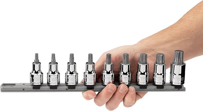 TEKTON Torx Bit Socket Set with Rail, 9-Piece | SHB92107 | 1/2 Inch Drive, (T30 - T80), Socket Rail
