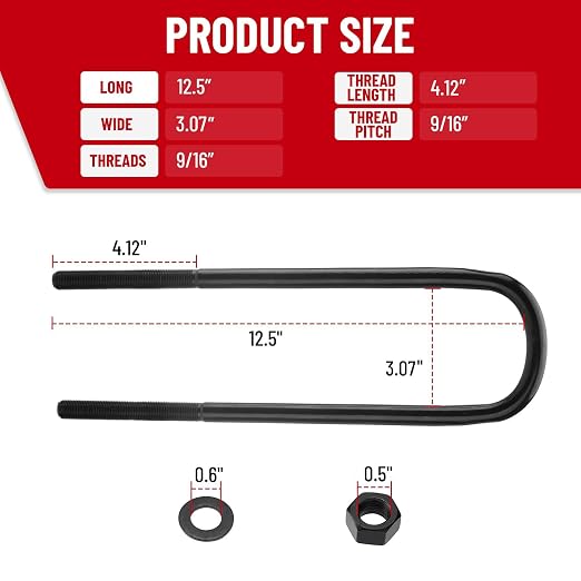 4pcs Semi-Round Bend Front U-Bolts Compatible with Ford F250 F350 Super Duty 4WD 1999-2004 12.5" Long x 3" Wide x 9/16" Threads with Hardware