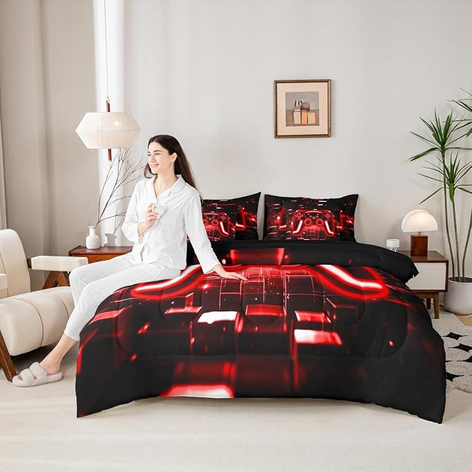 Erosebridal Gamer Bed in a Bag King Size Comforter Set 7-Piece, Gaming Bedding Sets Neon Lights Game Boy Games Comforter and Sheet Set, Red Brick Cube Room Decor,Gaming Room Decor