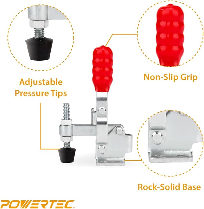 POWERTEC 16PK Toggle Clamp, 200 lbs Capacity, 12050 Quick Release Vertical Clamps w/Antislip Rubber Pressure Tip for Woodworking Jigs and Fixtures, Welding, Drill Press, Crosscut Sled (20328-P4)