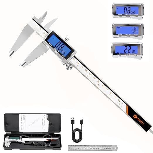 HARDELL Digital Caliper 8 Inch, Rechargeable All Metal Electronic Micrometer with Large Backlit LCD, Inch/mm/Fraction Conversion, Auto-Off – Measuring Tool for DIY, 3D Printing, Workshop & Household