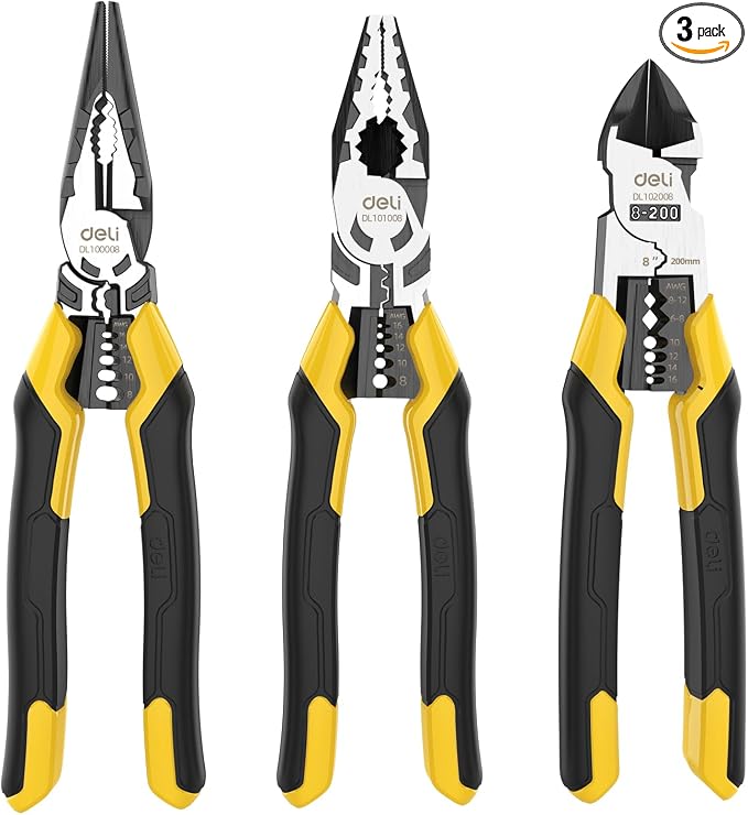 DELI 3PCS Pliers Set, Large 7 in 1 Multifunctional Wire Stripper Crimper Cutter, 9" Long Nose, 9" Linesman, 8" Diagonal Side Cutting