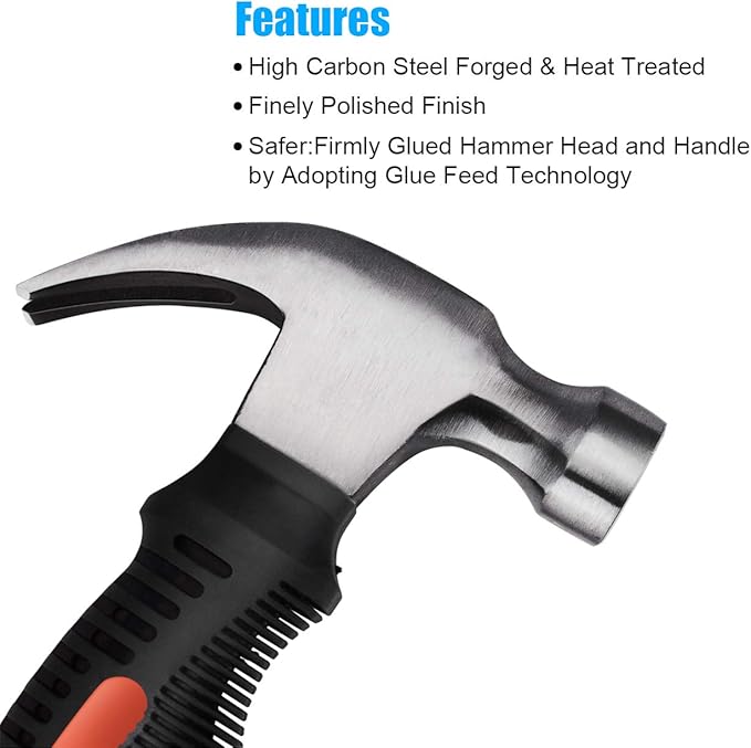 2 Piece Hammer Set,includes 1 Pack 8 OZ Mini Stubby Claw Hammer and 1 Pack 16 OZ Fiberglass General Purpose Claw Hammer,Soft Nonslip Handle & Heat Treated Head,Heavier for Higher Hardness