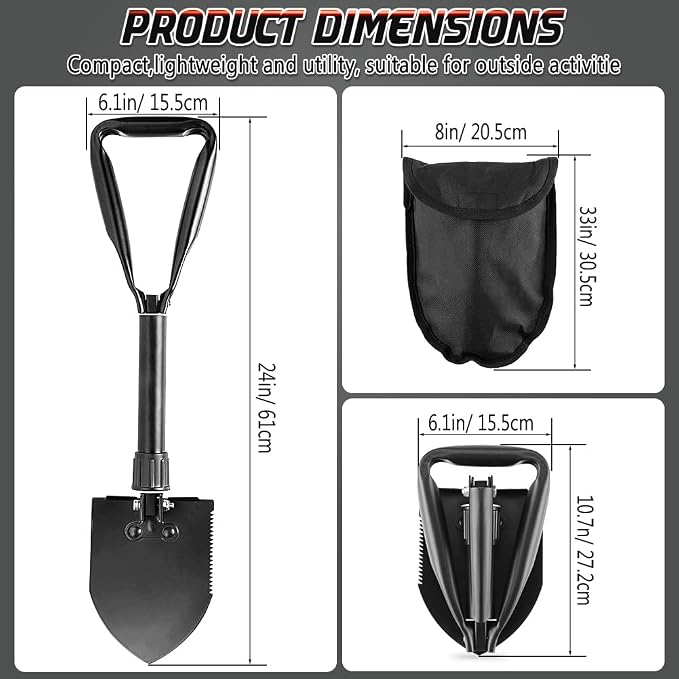 Large Folding Shovel, Overall Length 24Inches, Foldable Design with Portable Bag, Made of Durable Materials, Serrated Edge, for Camping, Hiking, Gardening, Fishing & Emergencies (Black)