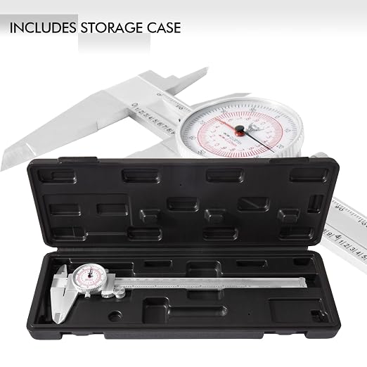 PECtools 8 Inch Dial Caliper, DIN 862 Inch/Metric Double Dial Caliper, 0-200mm, 0.001"/0.02mm Resolution, Stainless Steel, Shock Resistant, with Case