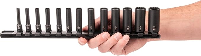 TEKTON 1/4 Inch Drive Impact Socket Set, 13-Piece | SID90105 | (5/32 - 11/16 in.), Deep, 12-Point, Socket Rail