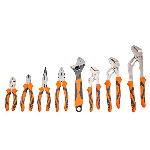 VEVOR 8-Piece Pliers Set with Tool Roll, High Carbon Steel-12"/10"/8" Groove Joint -8"Linesman's -6" Slip Joint Pliers-8" Long Nose Pliers-6" Diagonal Cutter-10" Adjustable Wrench
