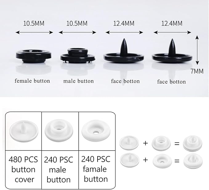 NXTOV 960pcs Plastic Snaps, T5 White Snaps Starter Fasteners Kit, No-Sew Buttons for Crafts Cloth
