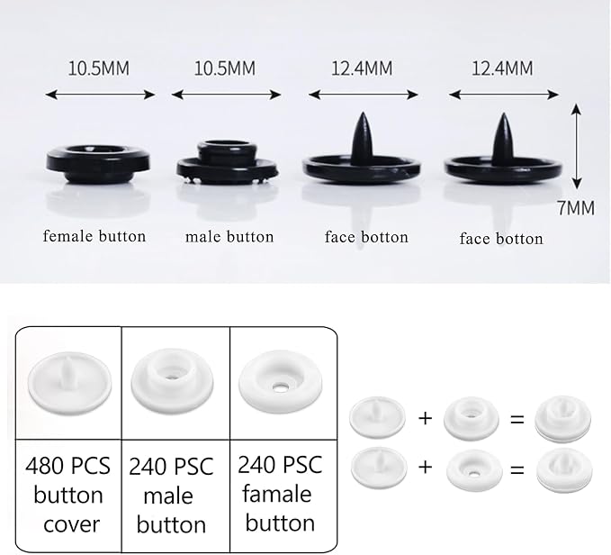 NXTOV 960pcs Plastic Snaps, T5 White Snaps Starter Fasteners Kit, No-Sew Buttons for Crafts Cloth